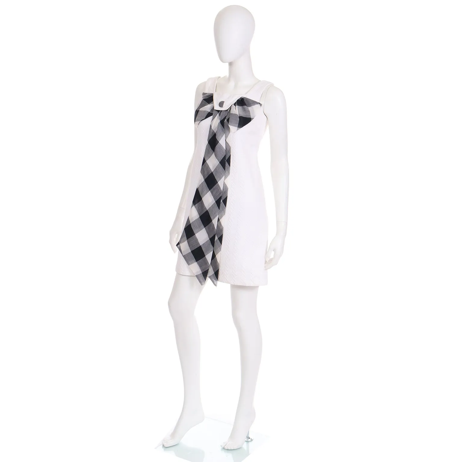 1960s Mod Vintage Dress in White Cotton Pique W Black Buffalo Check Bow