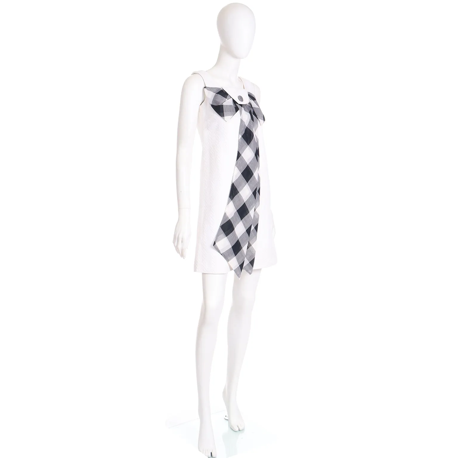 1960s Mod Vintage Dress in White Cotton Pique W Black Buffalo Check Bow