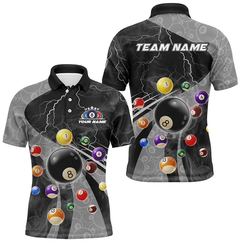 3D Billiard Balls Pool Shirts For Men Customized Lightning Billiard Jerseys Shorts Sleeve Grey, Mens Polo Shirts, Billiards Gifts