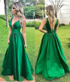 A-Line V Neck Backless Green Long Prom Dresses Formal Evening Dresses,DP426