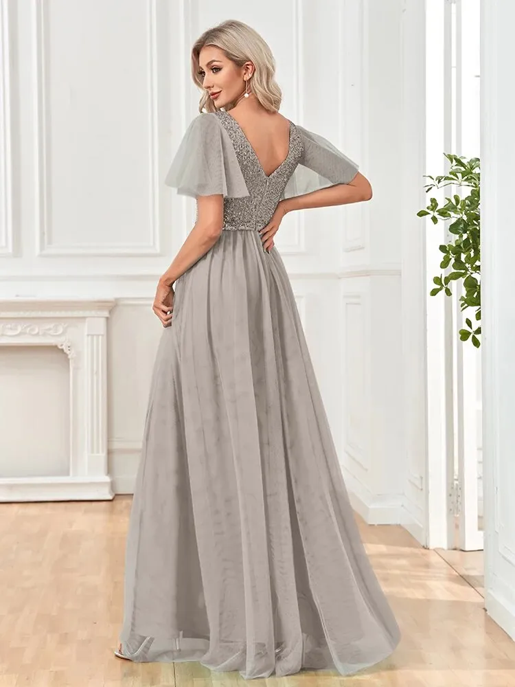 A Line V Neck Long Formal Dress with Sequins - Grey