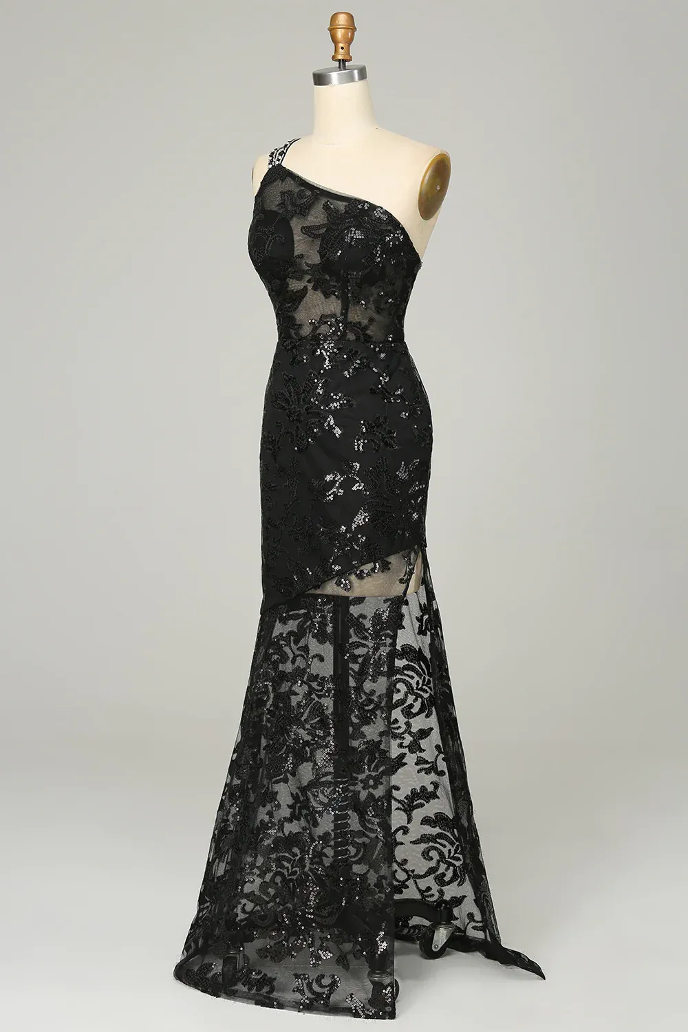 Black One Shoulder Backless Sequins Lace Long Prom Dress,DP1521