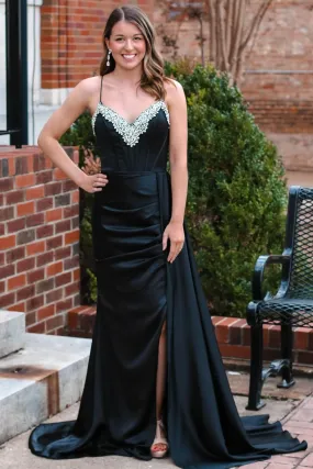 Black V Neck Beading Satin Backless Long Party Dress Evening Gown,DP1269