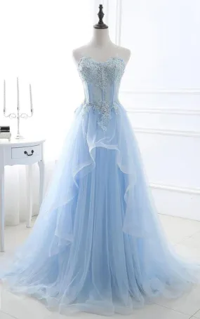 Blue Sweetheart A-Line Lace Tulle Long Prom Dress with Beading,DP1407