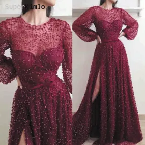 Burgundy prom dresses 2020 ball gown long sleeve beaded luxury arabic prom gown with side slit