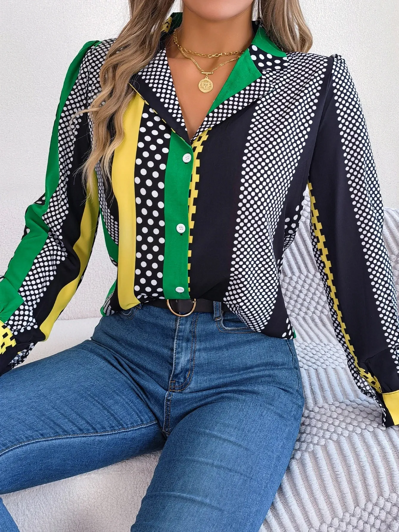 Button Print Sleeve Polka Front Casual Women's Dot Stripe Long Blouse