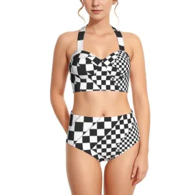 Checked Style  Print Women's Swimsuit Set With Halter