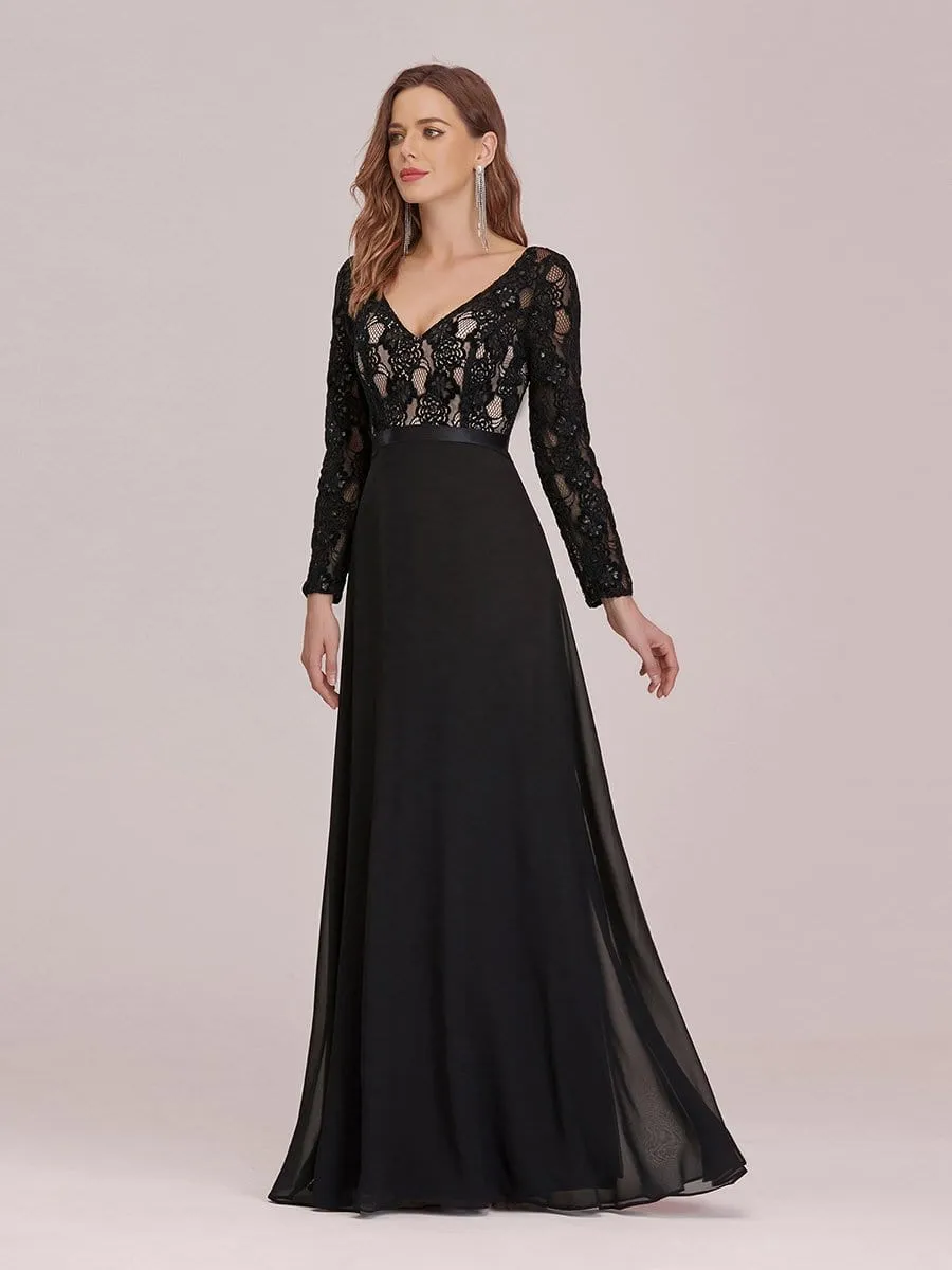 Chic A-Line Maxi Chiffon Evening Gowns with See-through Lace