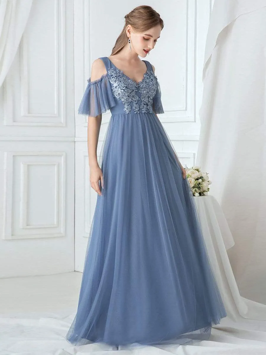 Cold Shoulder Maxi Long Applique Bridesmaid Dress with Ruffle Sleeves