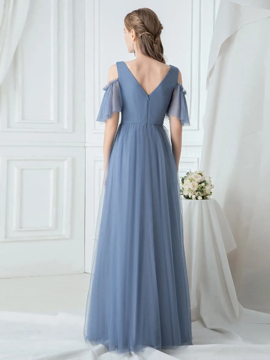 Cold Shoulder Maxi Long Applique Bridesmaid Dress with Ruffle Sleeves