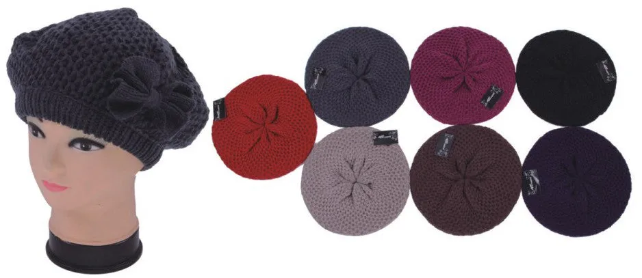 crochet beret hats w/ bow adornment Case of 144