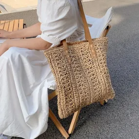 Darianrojas Square Hollow Straw Beach Bag Handmade Woven Shoulder Bag Raffia Rattan Shopping Travel Bag Bohemian Summer Vacation Casual Tote