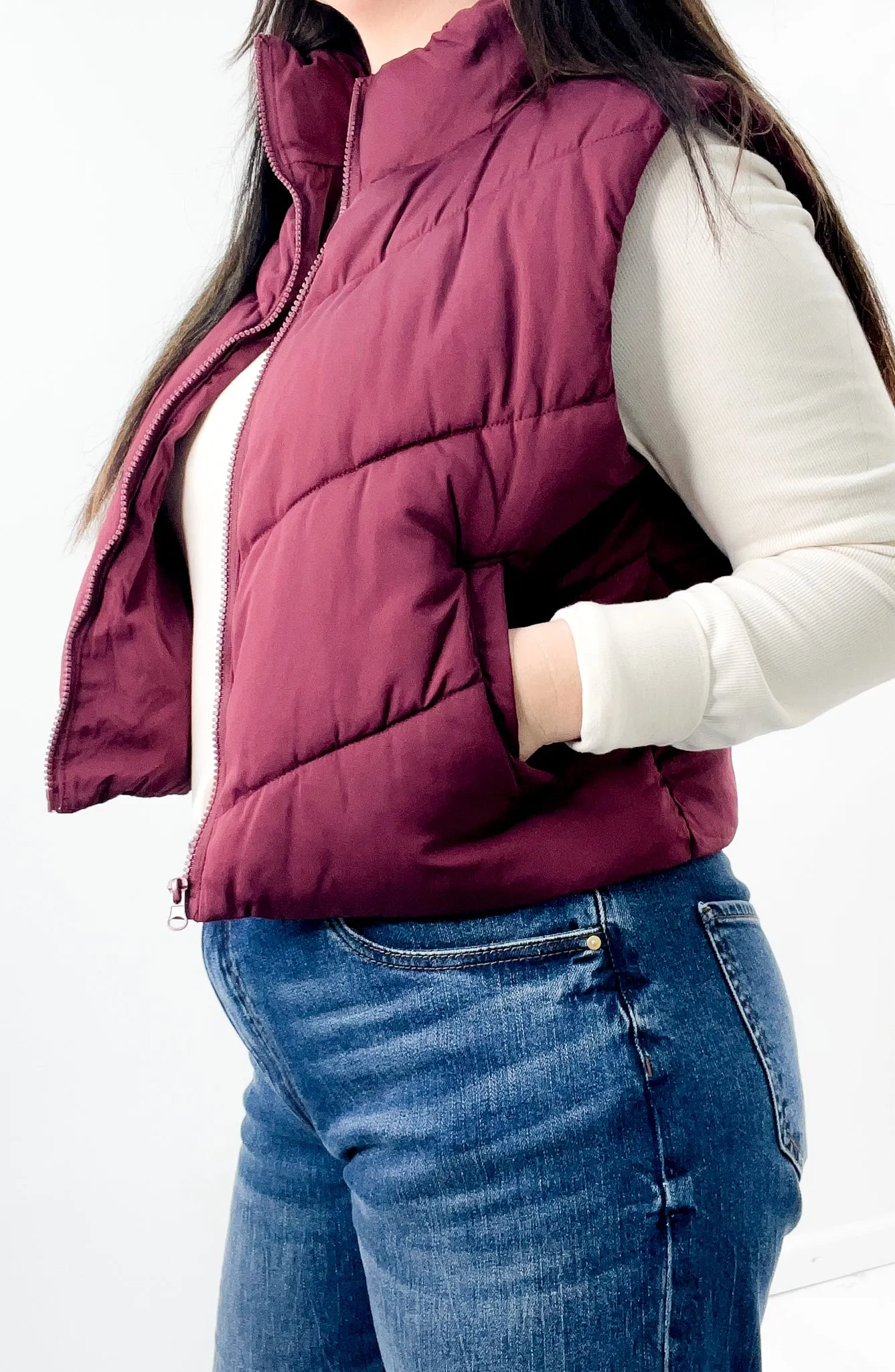 Diagonal Quilted Zip Up Puffer Vest