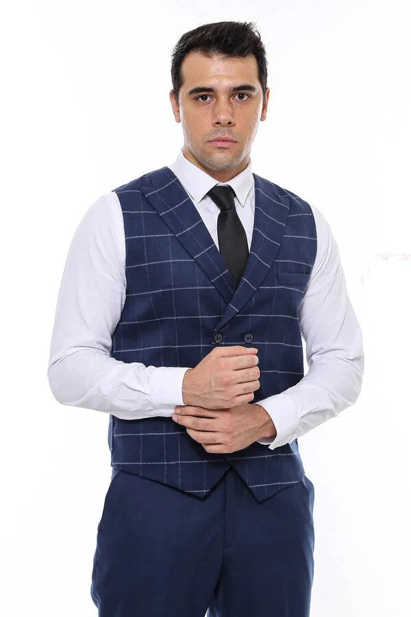 Double Breasted Plaid Blue Men Vest - Wessi