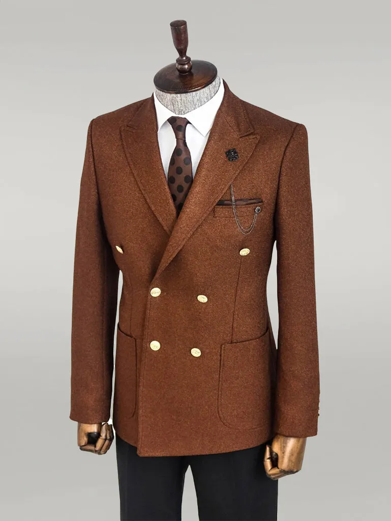 Double Breasted Slim Fit Brown Men Blazer - Wessi