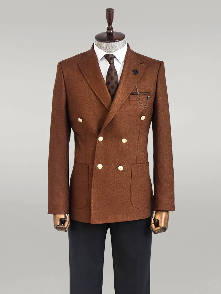 Double Breasted Slim Fit Brown Men Blazer - Wessi