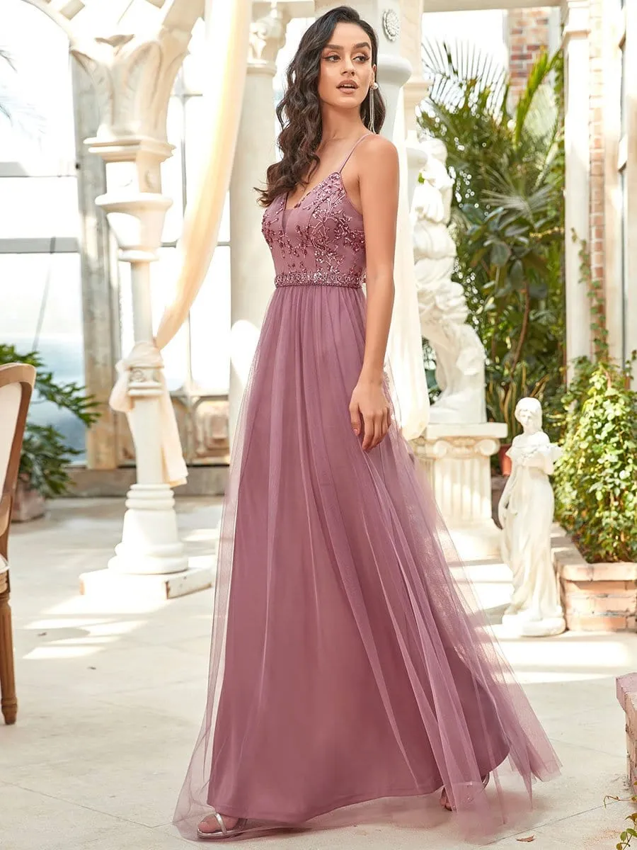 Elegant Beaded Top Spaghetti Strap Evening Gown