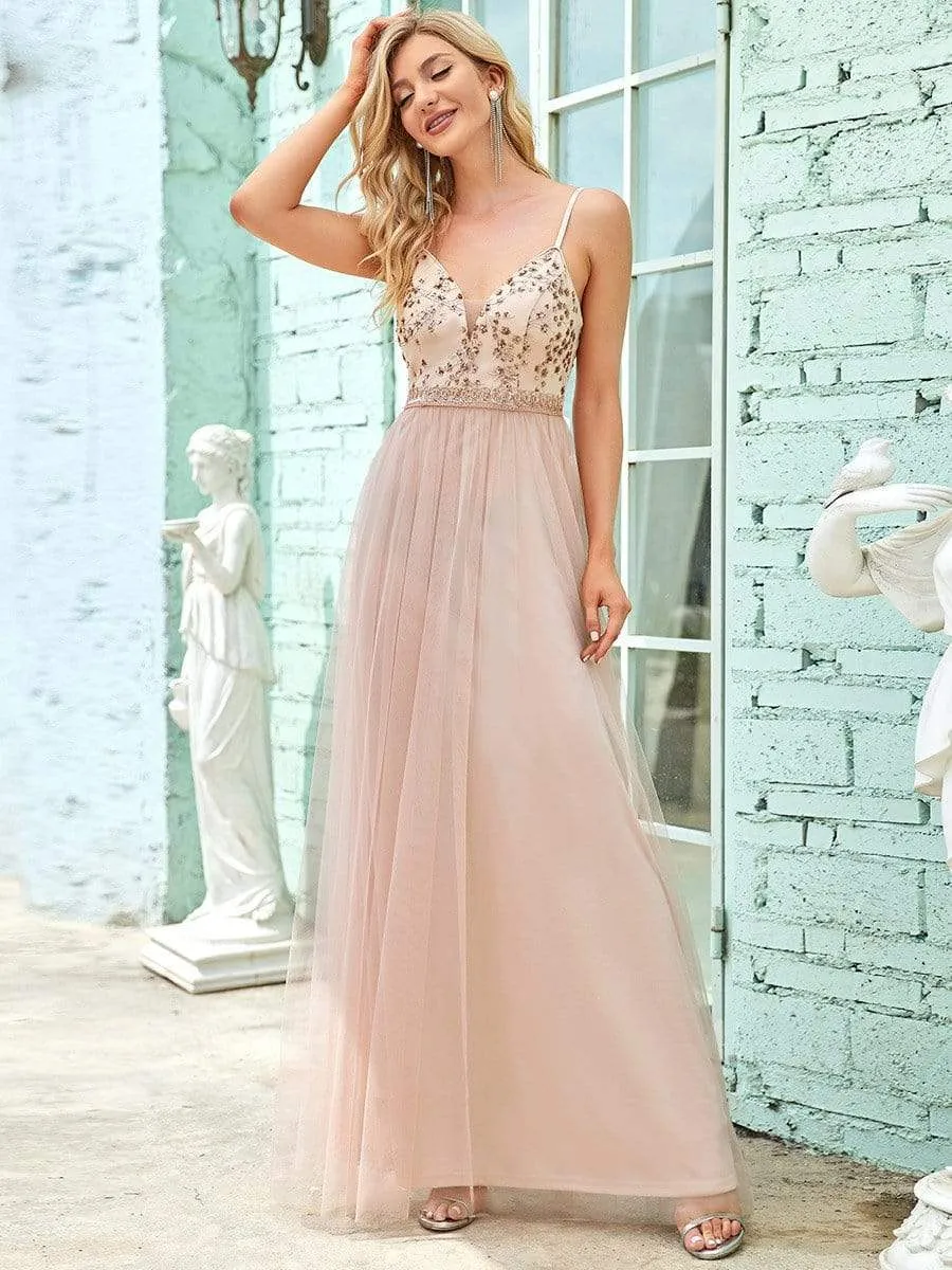 Elegant Beaded Top Spaghetti Strap Evening Gown