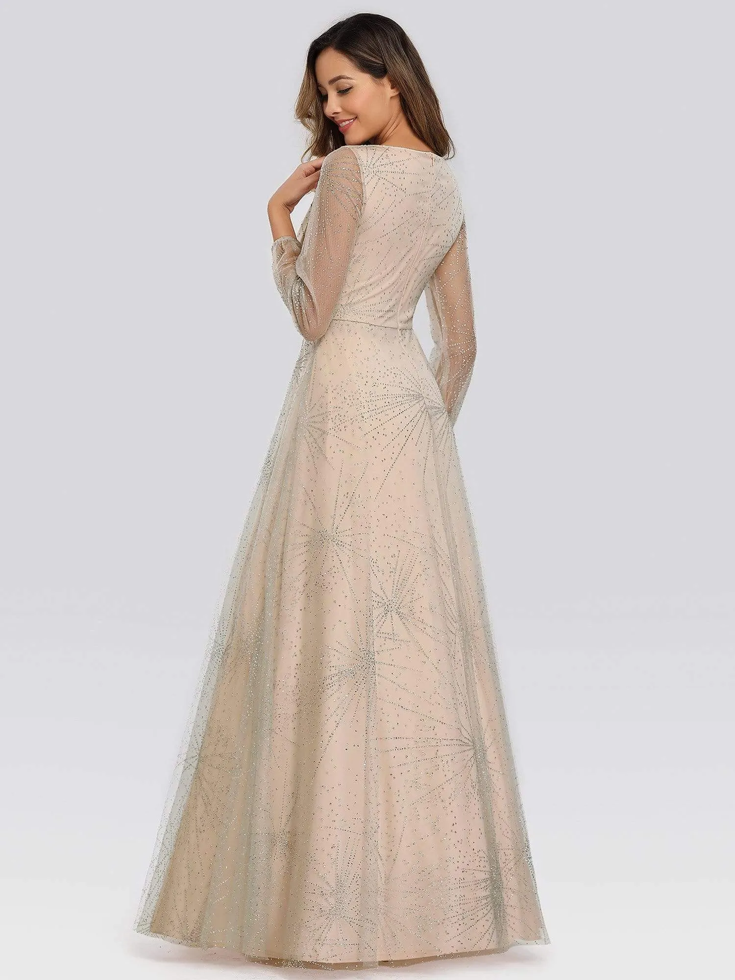 Elegant Shimmery Long Lantern Sleeve Prom Dress