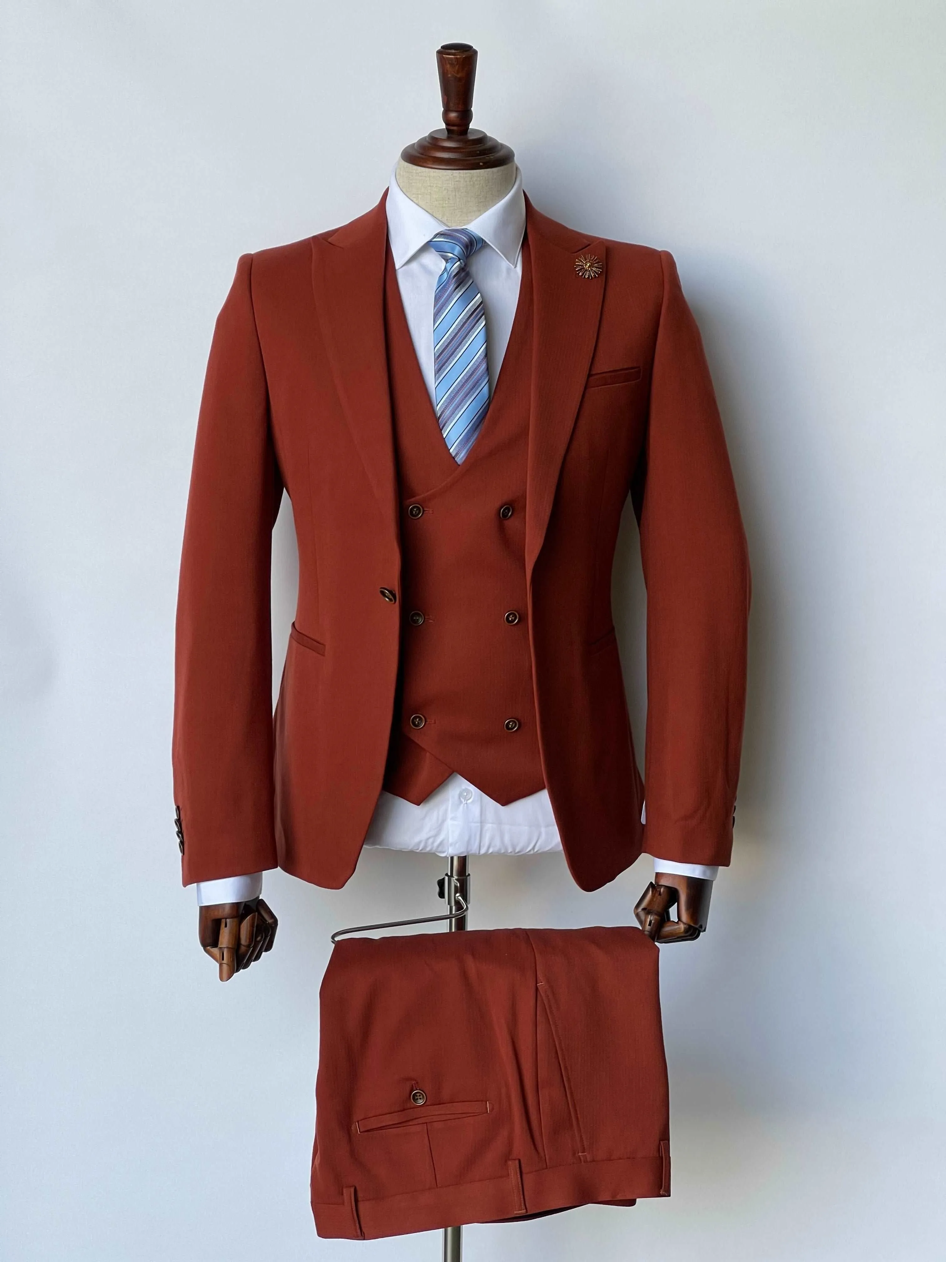 Giovanni Testi 1 Button Peak Lapel 3 Piece Rust Slim Fit Suit GT1PA V-1706 BRICK