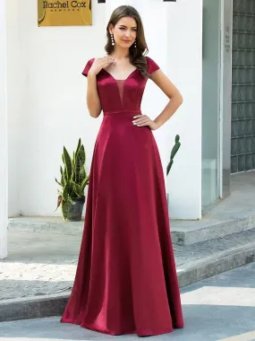 Gorgeous Deep Double V Neck Satin Prom Dress with Cap Sleeves