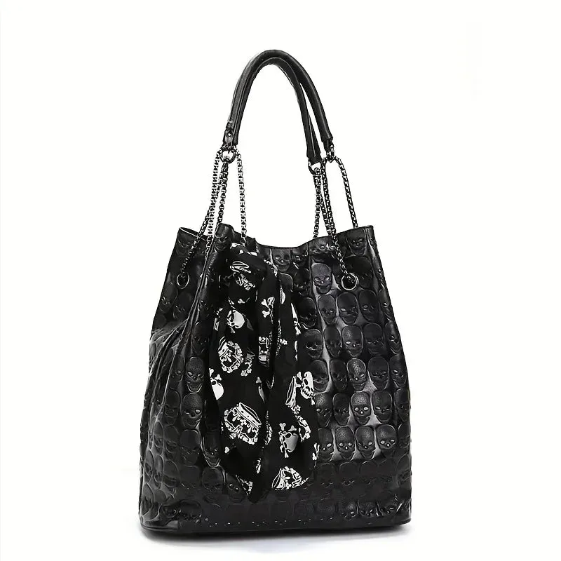 Gothic Skull Print Crossbody Scarf Tote Trendy Shoulder Decor Punk Bag