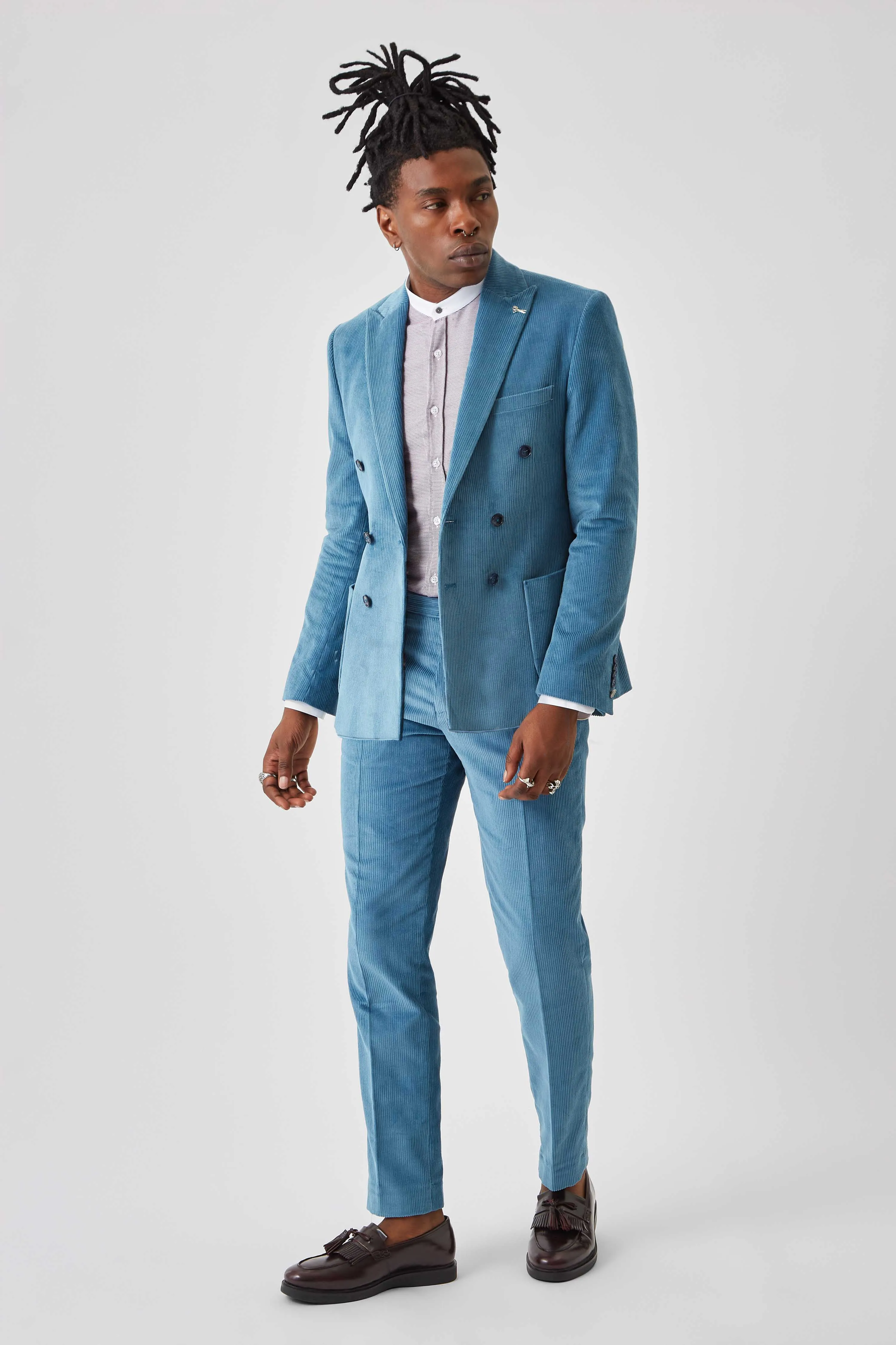 Harlesden Slim Fit Blue Corduroy Double Breasted Jacket - ARCHIVE