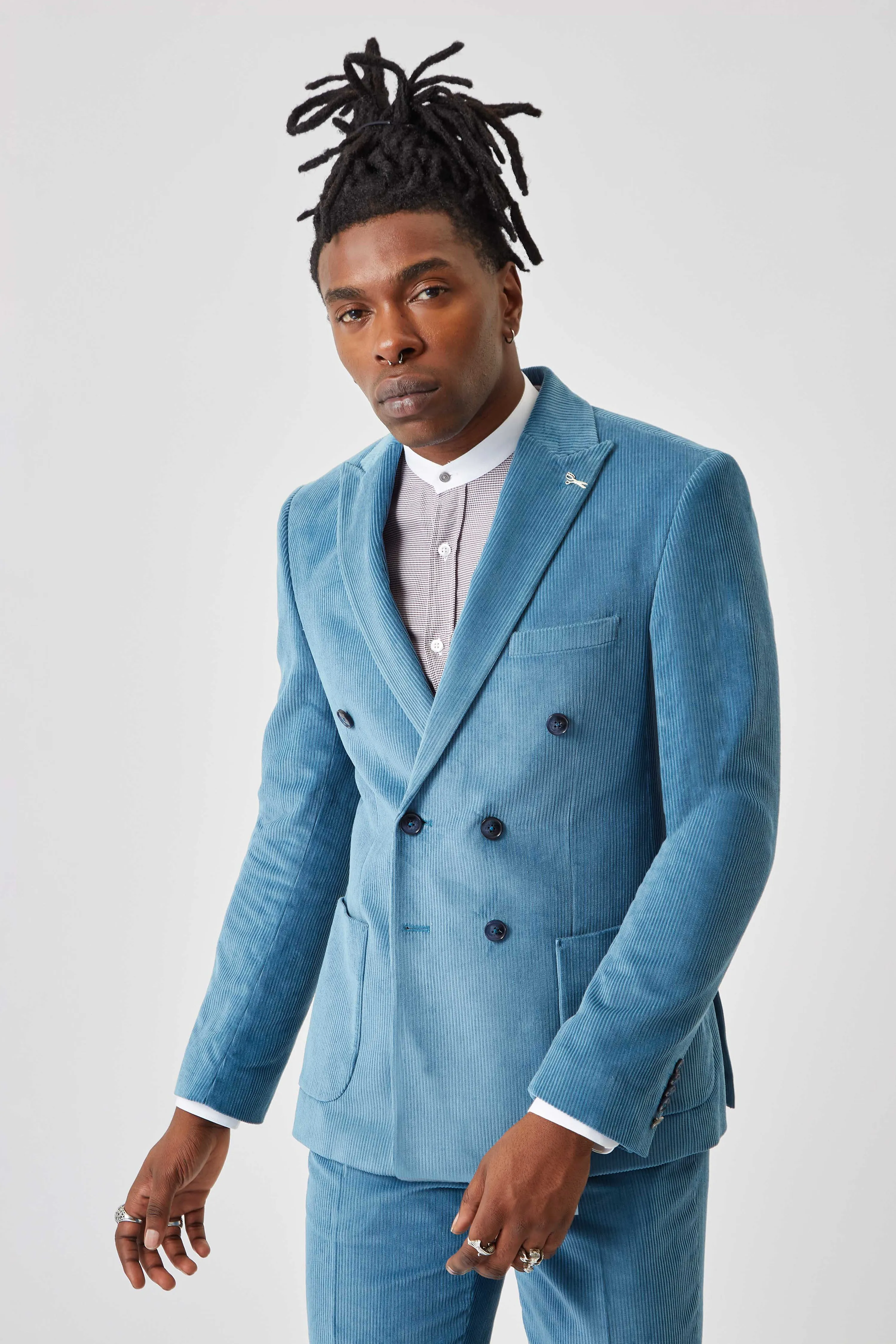 Harlesden Slim Fit Blue Corduroy Double Breasted Jacket - ARCHIVE