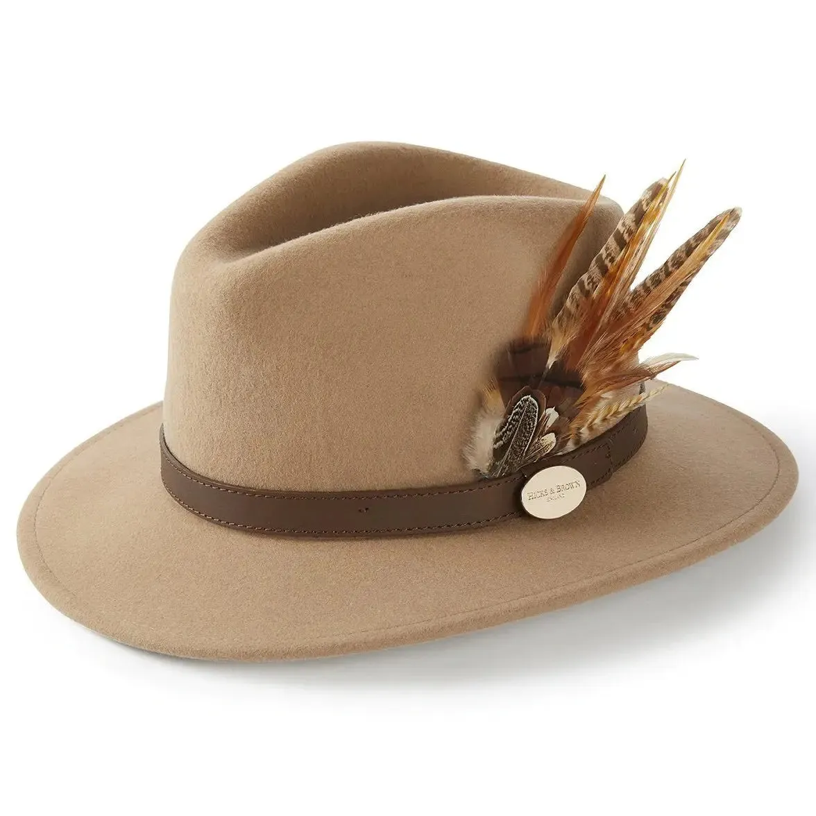 HICKS & BROWN Ladies Suffolk Fedora Hat - Gamebird Feather - Camel