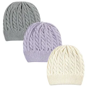 Hudson Baby Knit Cuffed Beanie 3pk, Lilac Cream