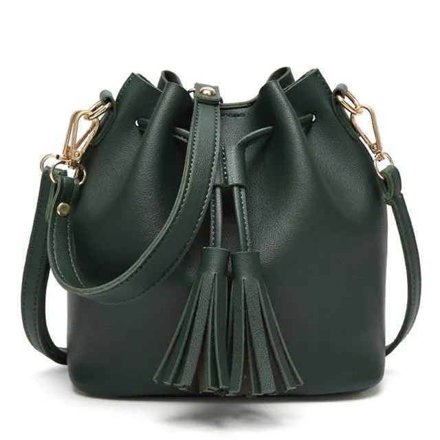 JIARUO Vintage Fashion Small Women Leather Bucket Bag Handbag Tassel Drawstring Shoulder Bag Messenger Crossbody Bags Purses