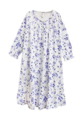 La Cera Plus Size Porcelain Blue Floral Flannel Gown