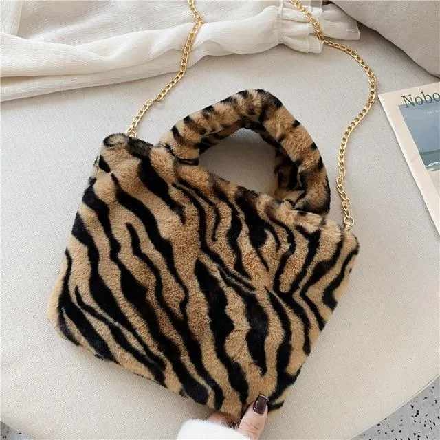 Leopard Animal Print Plush Shoulder bag/ Soft fur handbag