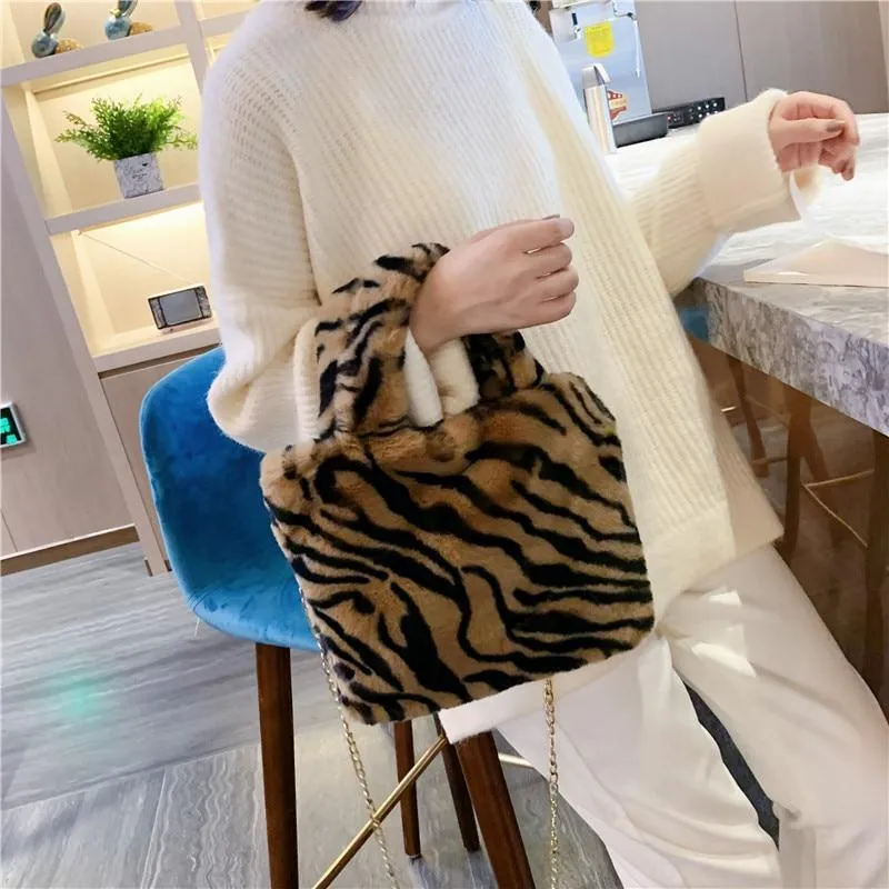 Leopard Animal Print Plush Shoulder bag/ Soft fur handbag