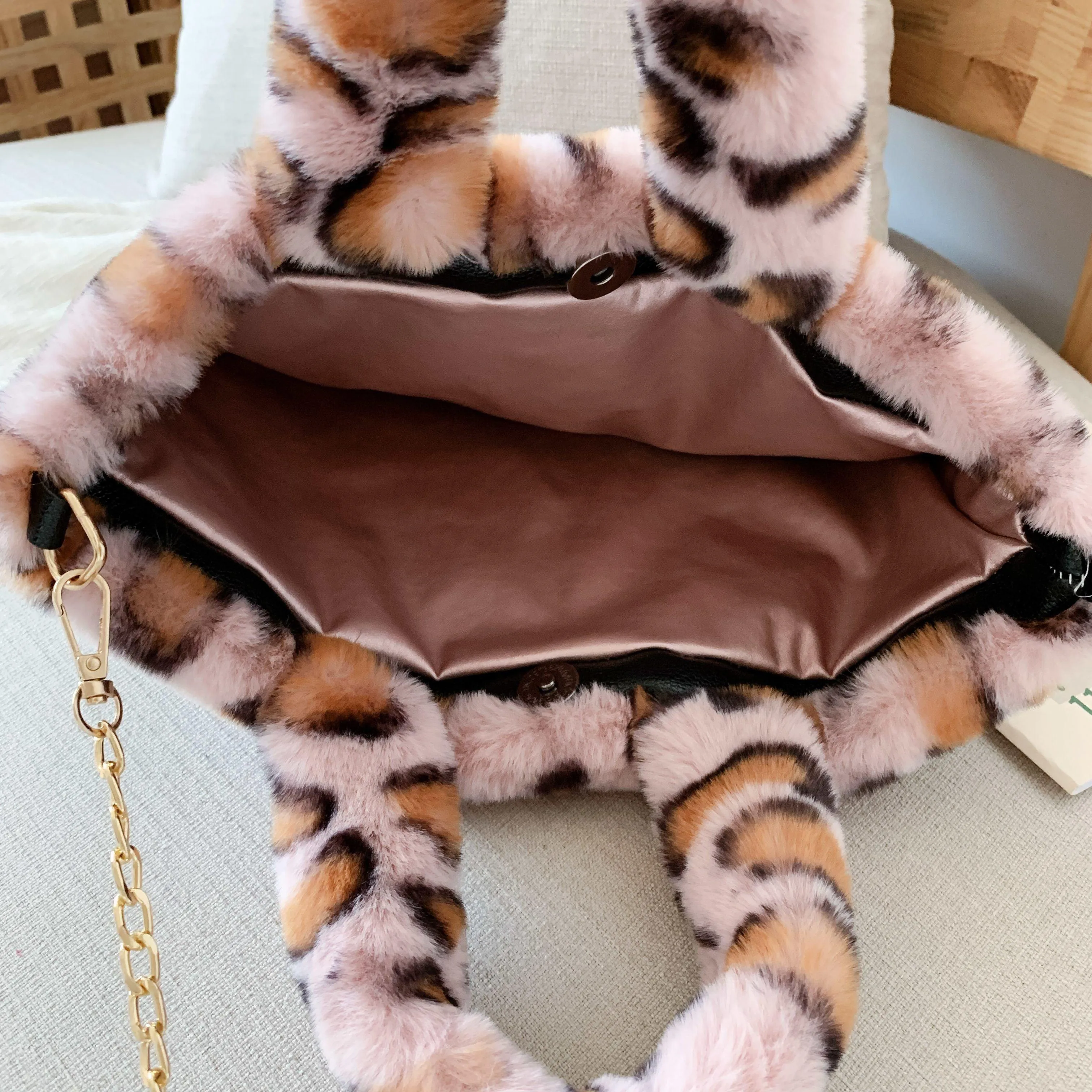 Leopard Animal Print Plush Shoulder bag/ Soft fur handbag