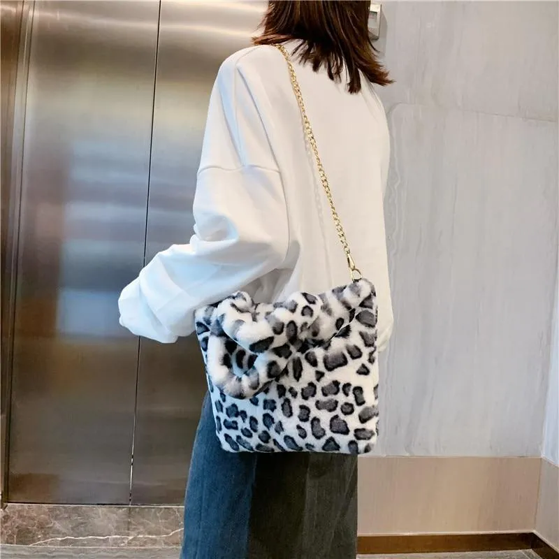 Leopard Animal Print Plush Shoulder bag/ Soft fur handbag