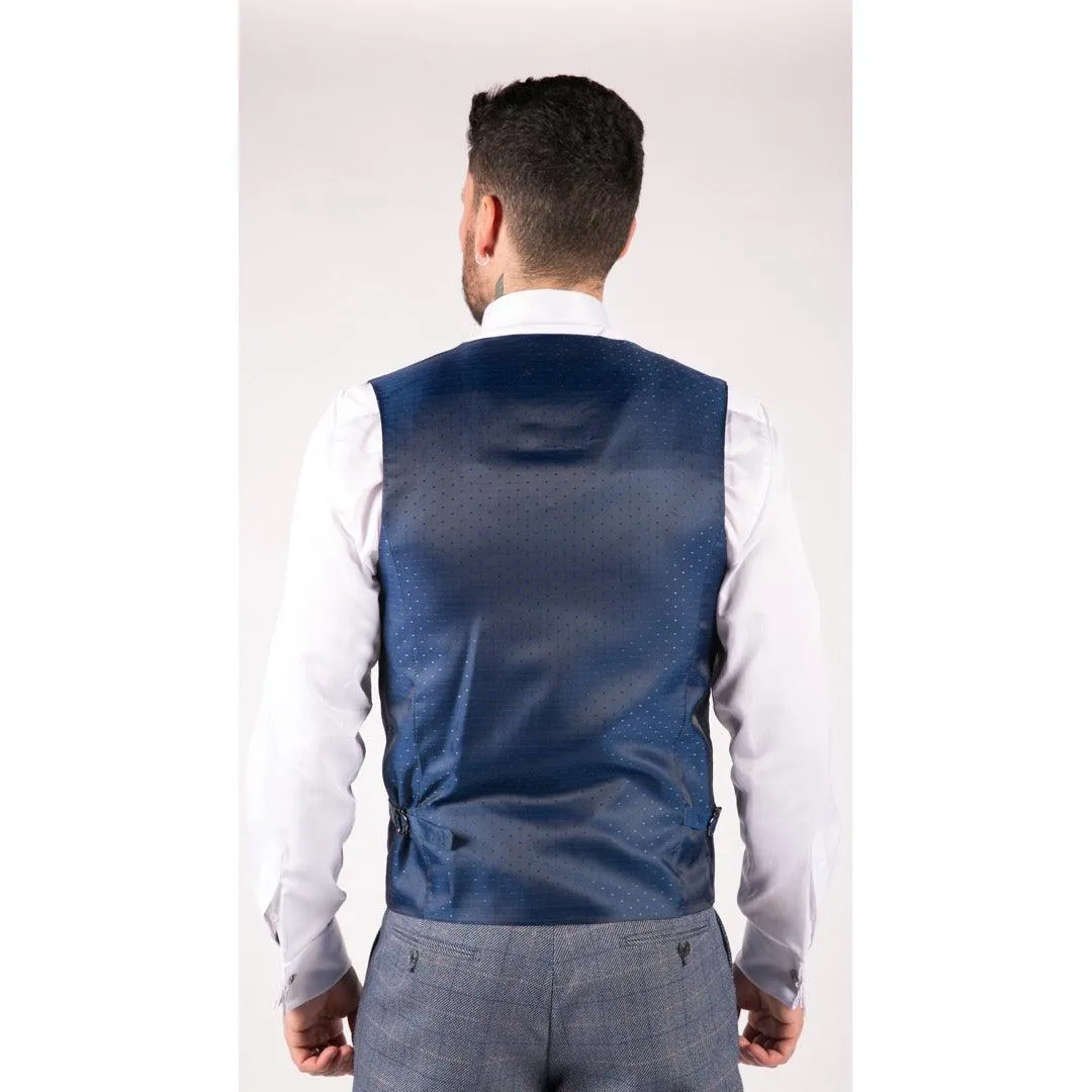 Mens Blue Check Marc Darcy 3 Piece Suit Double Breasted Waistcoat Elbow Patch