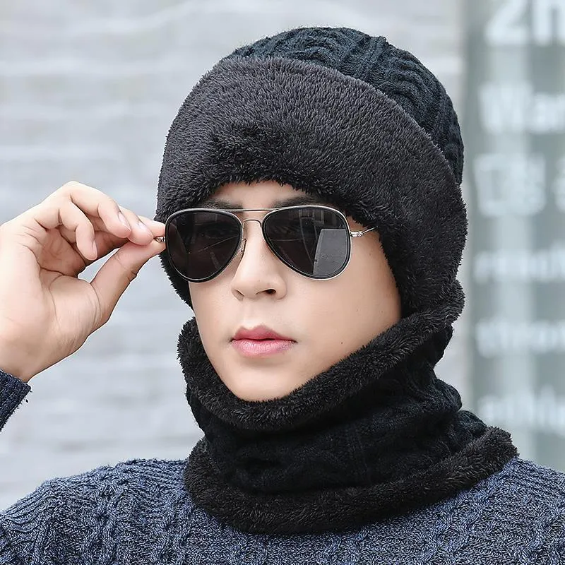 New Unisex Add Fleece Lined Winter Hat Wool Warm Knitted Hat Set Thick Soft Stretch Winter Hats For Men Women Leisure Beanie Cap