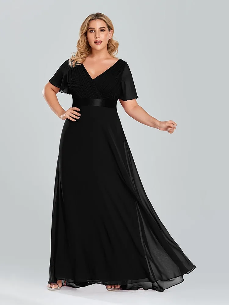 Plus Size Evening Dresses Long XUCTHHC Elegant A Line V Neck Ruffles Chiffon Formal Wedding Party Dress Robe De Soiree