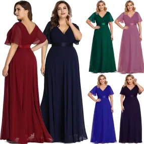 Plus Size Evening Dresses Long XUCTHHC Elegant A Line V Neck Ruffles Chiffon Formal Wedding Party Dress Robe De Soiree