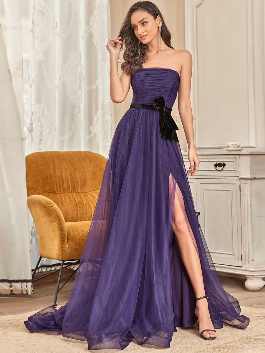 Ruched Tied Waist Strapless Front Slit Evening Dress