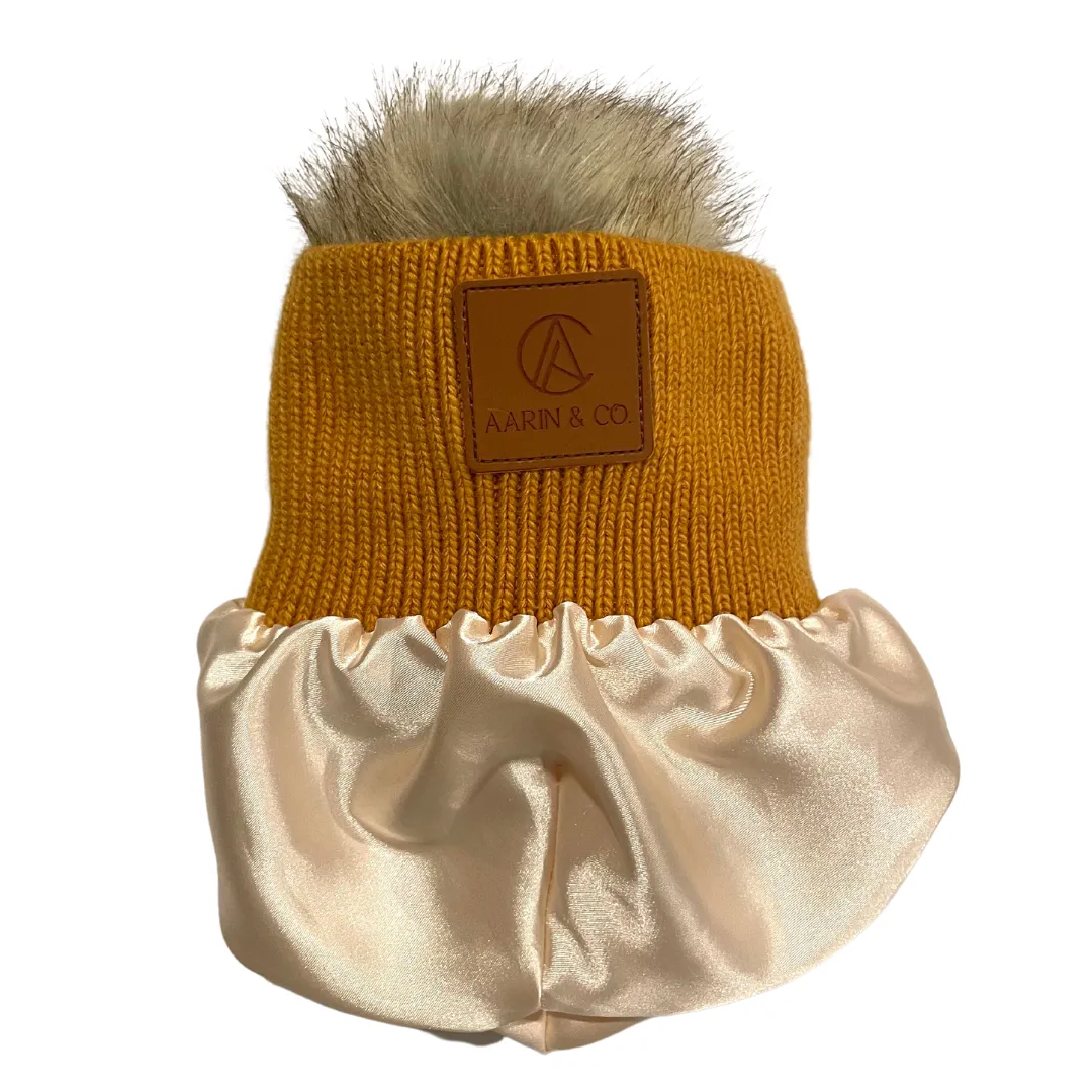 Satin Lined Pom Knit Beanie-Apricot