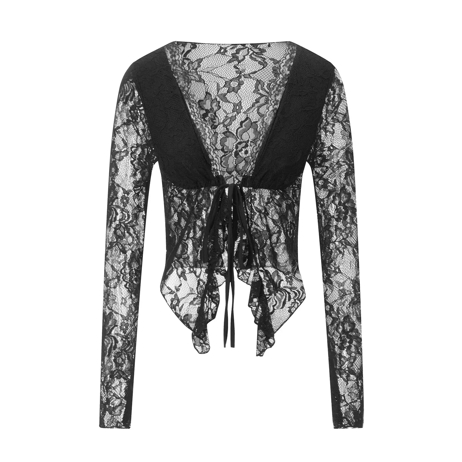 See Through Lace Floral V Neck Long Sleeve Tie Front Mesh Cardigan Sexy Blouse