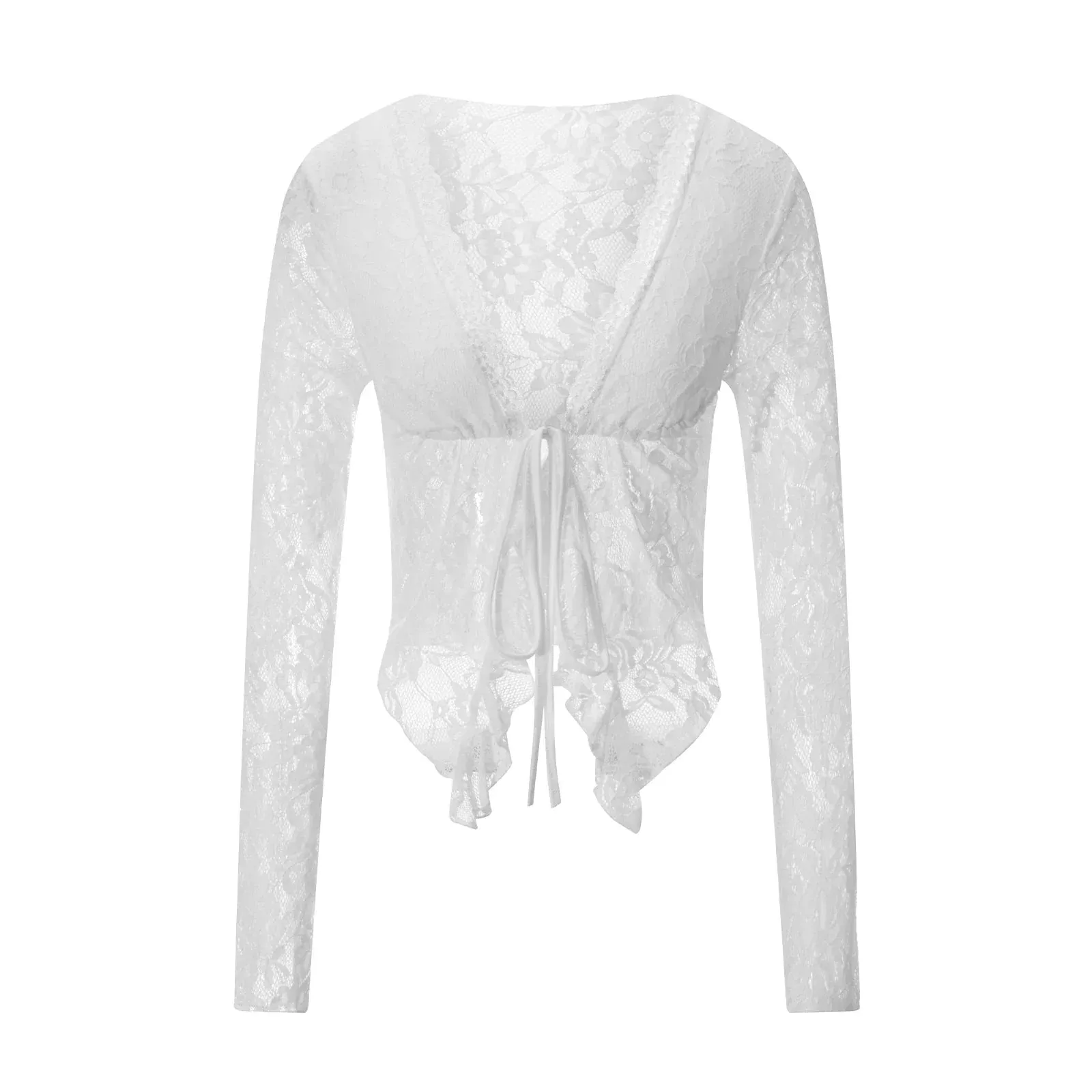 See Through Lace Floral V Neck Long Sleeve Tie Front Mesh Cardigan Sexy Blouse