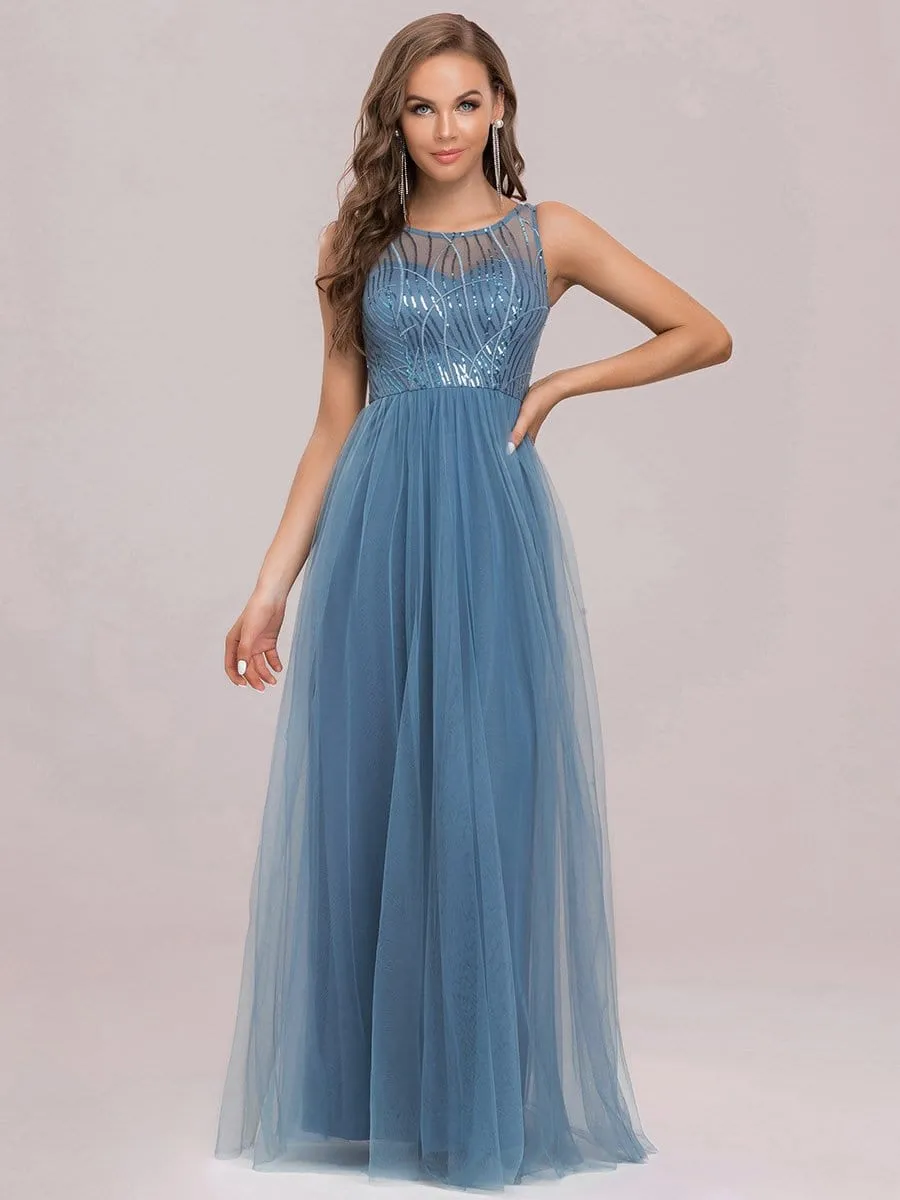 See-Through Lace Sleeveless Floor Length Evening Dress