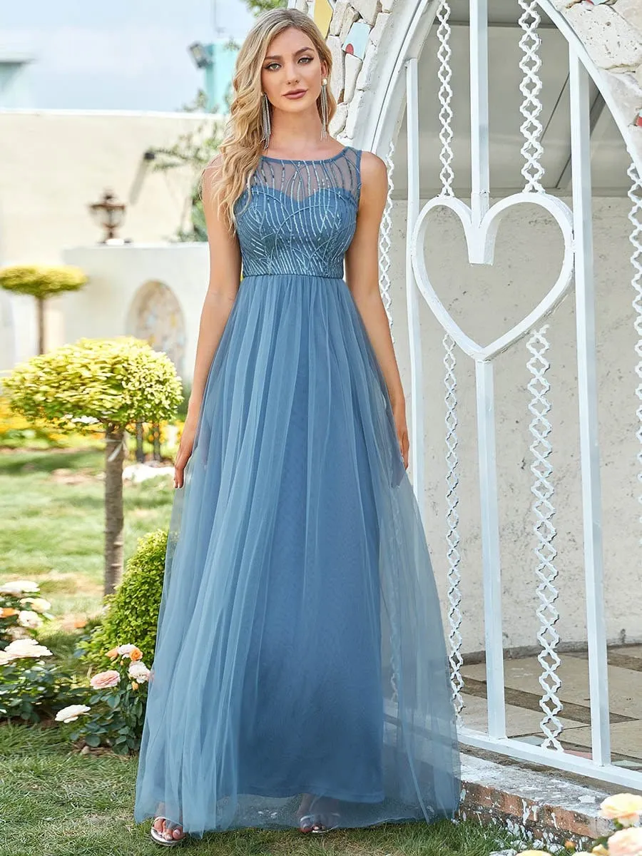 See-Through Lace Sleeveless Floor Length Evening Dress