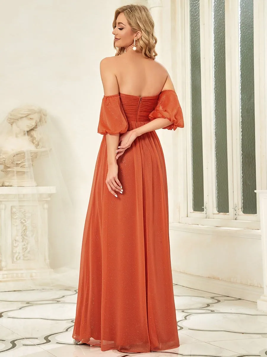 Sequin A-Line Off-Shoulder Puffed Sleeve Ruched Evening Dress