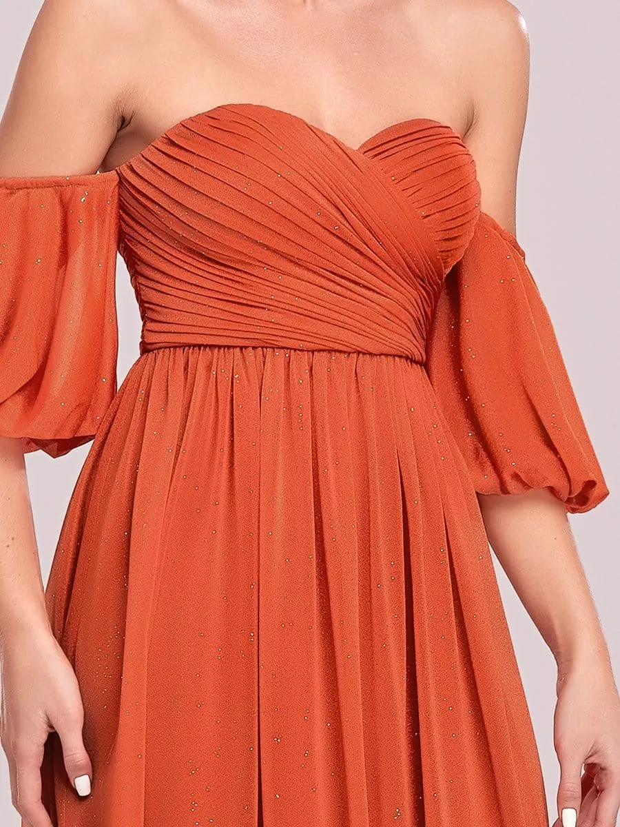 Sequin A-Line Off-Shoulder Puffed Sleeve Ruched Evening Dress