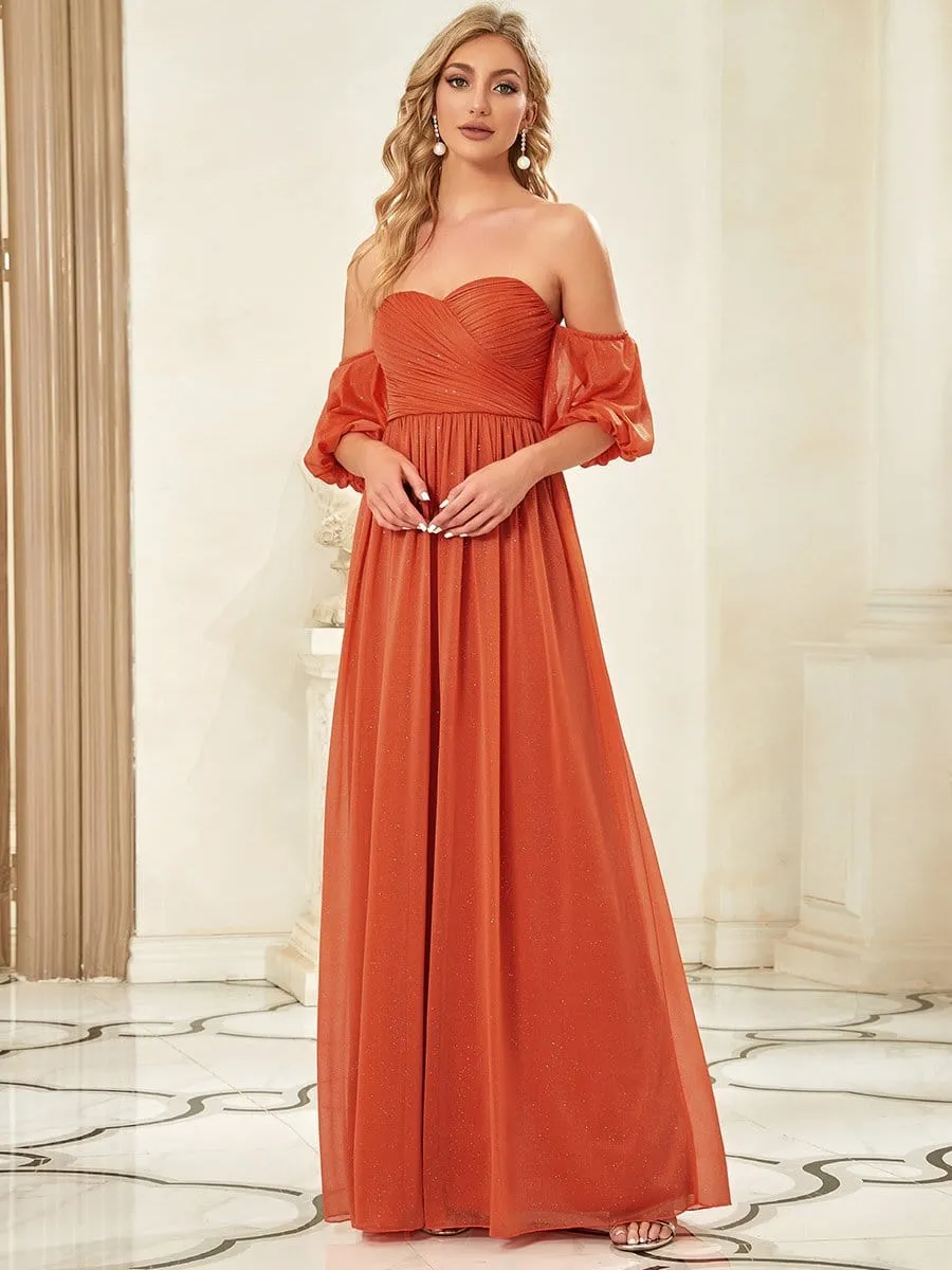 Sequin A-Line Off-Shoulder Puffed Sleeve Ruched Evening Dress