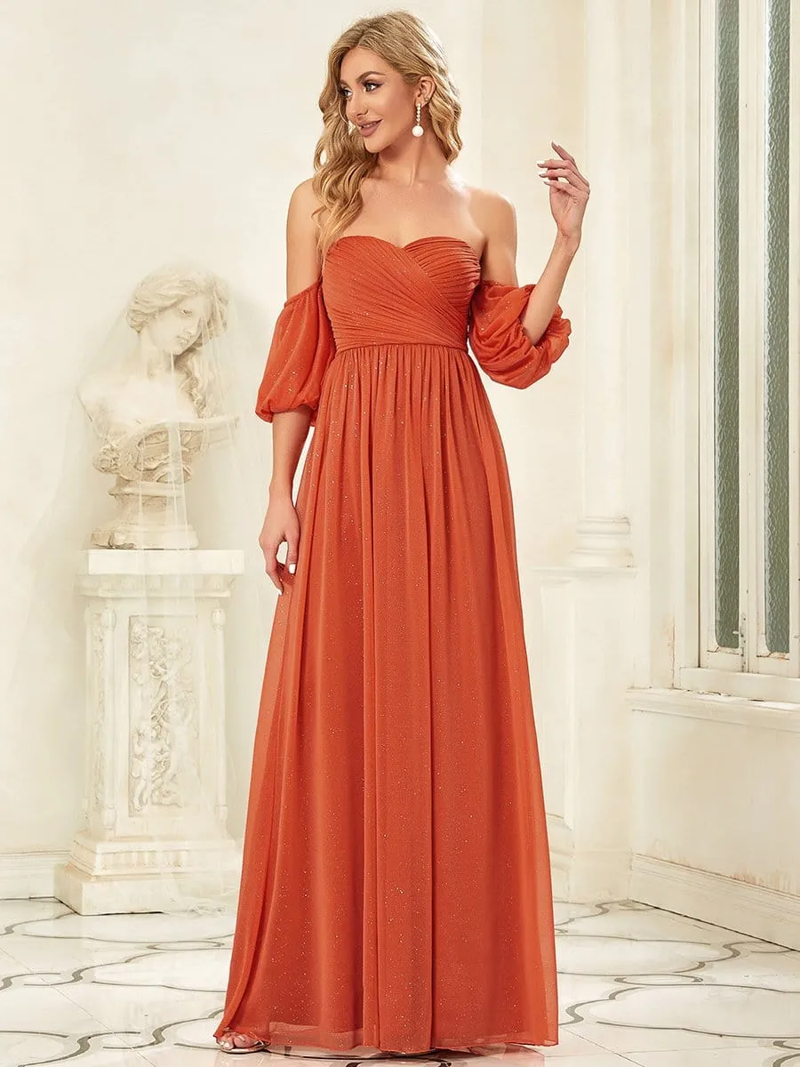 Sequin A-Line Off-Shoulder Puffed Sleeve Ruched Evening Dress